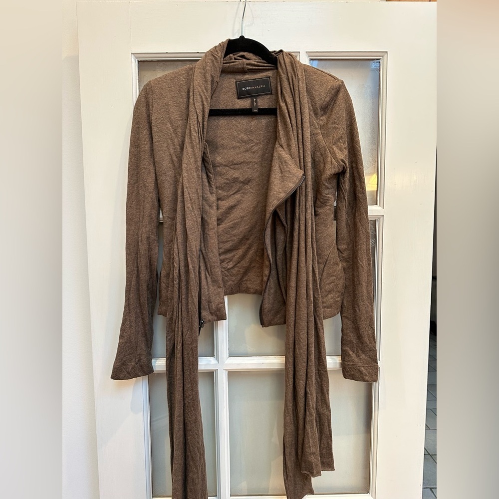 BCBGMaxAzria Brown Taupe Moto Knit Jacket Asymmetrical Zip Neck Tie Size XXS
